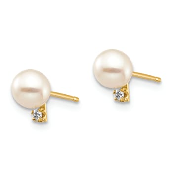 14K Yellow Gold Children's 4-5mm White Round Freshwater Cultured Pearl
and Diamond Stud Earrings