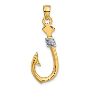 14K Two-tone Gold  3D Fish Hook with Rope Charm