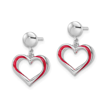 Rhodium Over Sterling Silver Red Enamel Open Heart Dangle Earrings
