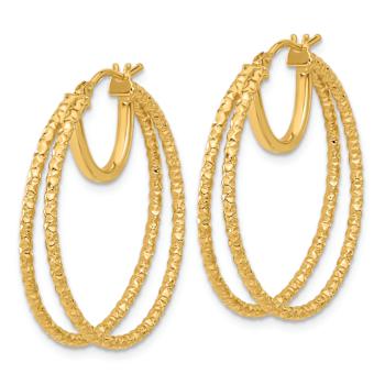 14k Yellow Gold Polished and Textured 1 3/16" Double Circle Hoop Earrings