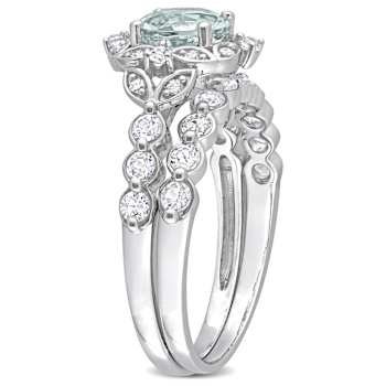 Aquamarine, White Topaz and Diamond 10K White Gold Bridal Ring 1.90ctw