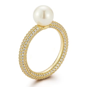 Rachel Zoe Freshwater Pearl Solitaire Pave Band Ring in 14K Gold Over
Sterling Silver