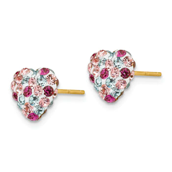 14k Yellow Gold 8mm Multi-Colored Crystal Heart Stud Earrings