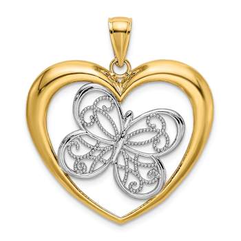 14K Two-tone Gold  Textured Butterfly in Heart Charm