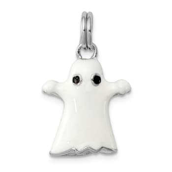 Rhodium Over Sterling Silver White Enamel Ghost Charm
