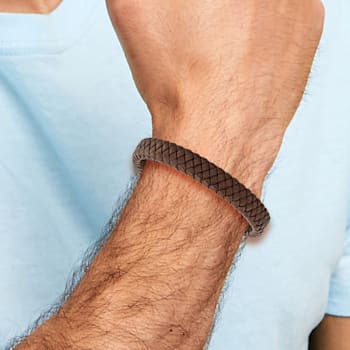 Braided Brown Leather and Stainless Steel Polished 8.5-inch Bracelet