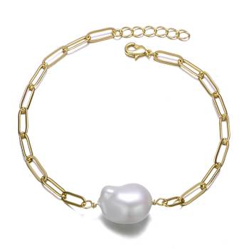 Pear Shape Freshwater Pearl Paperclip Link Bracelet In 14K White Gold
Over Sterling Silver