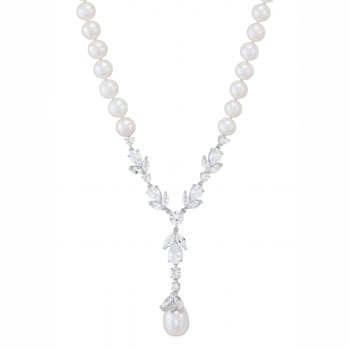 White Freshwater Pearl and White Sapphire Sterling Silver Lariat Necklace