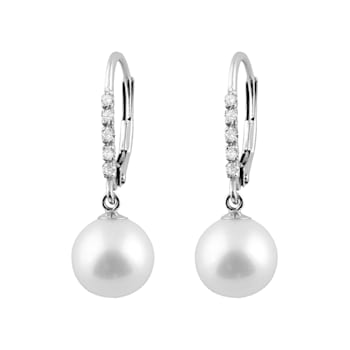 8-8.5mm Cultured Freshwater Pearl Diamond 14k White Gold Leverback Earrings