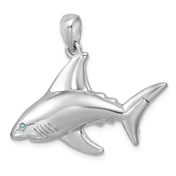 Rhodium Over Sterling Silver Polished Crystal Eye Shark Pendant