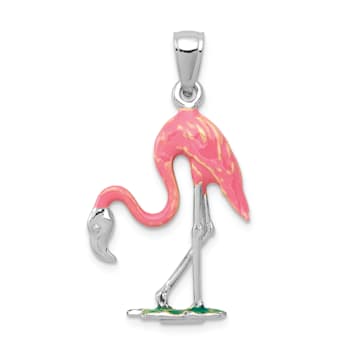 Rhodium Over 14k White Gold 3D Enameled Pink Flamingo Pendant