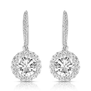 CZ Halo Drop Earrings In Sterling Silver