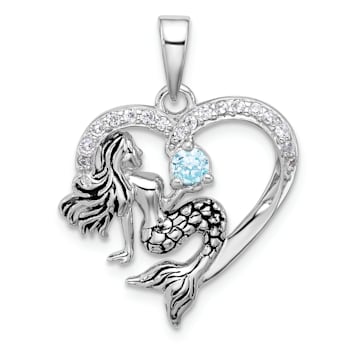 Rhodium Over Sterling Silver Antiqued Cubic Zirconia Mermaid Heart Pendant