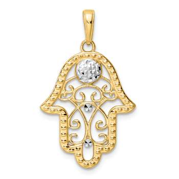 14K Two-tone Gold Diamond-Cut Evil Eye Filigree Hamsa Pendant