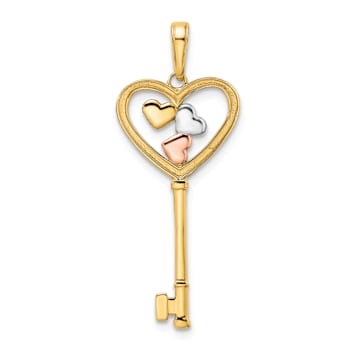14K Tri-color Gold Diamond-Cut Hearts Key Pendant