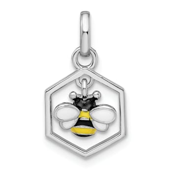 Rhodium Over Sterling Silver Polished Enameled Bee in Hive Children's Pendant
