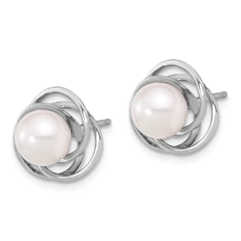 Rhodium Over 14K White Gold 6-7mm Round White Akoya Cultured Pearl Post Earrings