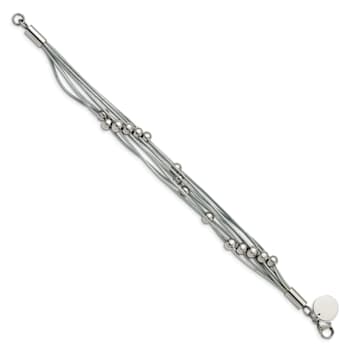 Gray Leather and Stainless Steel Polished Beaded Multi-Strand 8-inch Bracelet