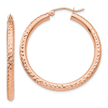 14k Rose Gold 1 3/8" Diamond-Cut Round Hoop Earrings