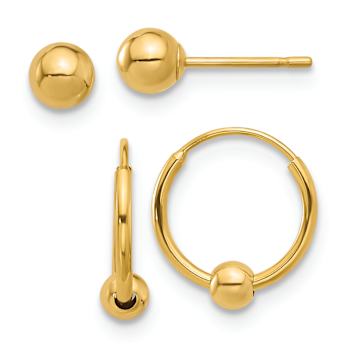 14k Yellow Gold Polished 4.5mm Ball and 1/2" Hoop Earring Set