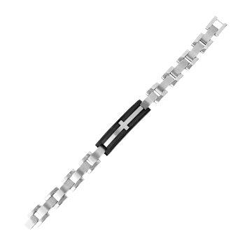 Mens Carbon Fiber and Stainless Steel with Black Leather Accent Cross Bracelet