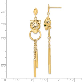 14K Yellow Gold Polished Green Enamel Tiger Post Dangle Earrings