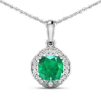 2.07ctw 14K White Gold Zambian Emerald and White Diamond Pendant with 18
inch Cable Chain