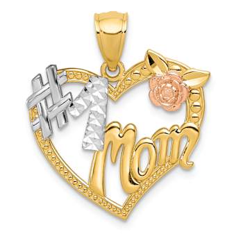 14K Tri-color Gold Textured #1 MOM Heart Pendant