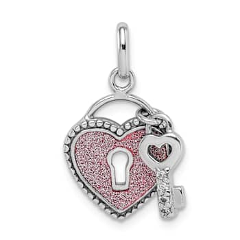 Rhodium Over Sterling Silver Cubic Zirconia Glitter Infused Heart and
Key Pendant
