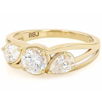 Diamond Simulant Round And Pear Three-Stone Ring In 18K Gold Over
Sterling Silver 2.24ctw