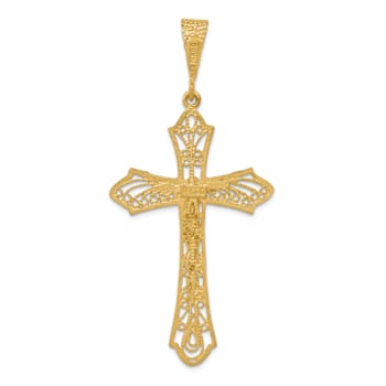 14k Yellow Gold Satin and Diamond-Cut Crucifix Pendant