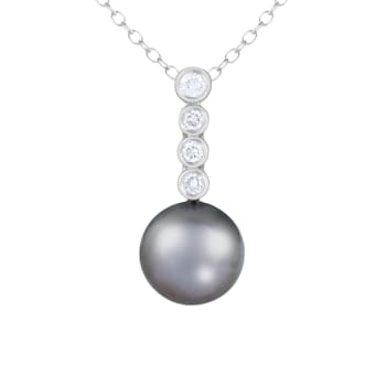 Black Cultured Tahitian Pearl and Diamond 14K White Gold Pendant 9-10mm