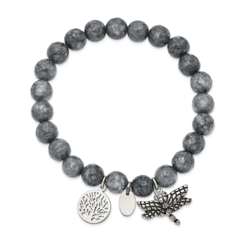 Stainless Steel Antiqued and Polished Dragonfly Grey Dyed Jade Bracelet