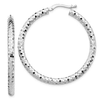 Rhodium Over 14k White Gold 1 9/16" Diamond-Cut Hoop Earrings