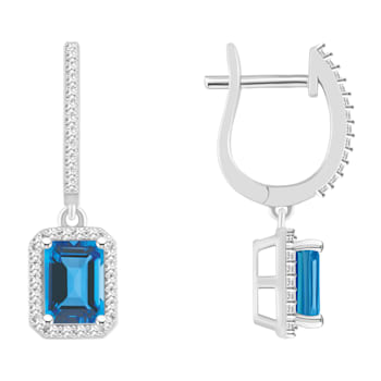 7x5mm Emerald Cut Blue Topaz 1/3 ctw Diamond Rhodium Over Sterling
Silver Halo Dangle Earrings