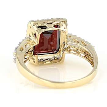 Garnet Emerald Cut And White Zircon Ring In Solid 14K Yellow Gold 3.67ctw
