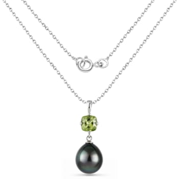Black Tahitian Pearl and Peridot Sterling Silver Teardrop Pendant With
Chain 1.05ct