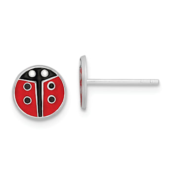 Rhodium Over Sterling Silver Enamel Ladybug Children's Post Earrings
