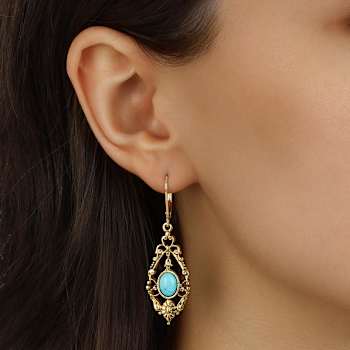 Gold Tone Teardrop With Oval Stone Leverback Earrings