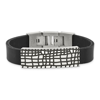 Black Leather and Stainless Steel Textured Enamel ID 7.5-inch with
.5-inch Extension Bracelet