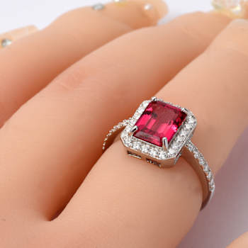 Red Lab Created Ruby With Moissanite Accents Rhodium Over Sterling
Silver Ring