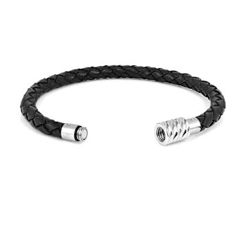 Mens Black Leather Braided Rope Bracelet with Stainless Steel Magnetic Closure