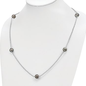 Rhodium Over Sterling Silver 8-9mm Baroque 5 Station Tahitian Saltwater
Cultured Pearl Necklace