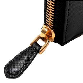 Prada Saffiano Long Continental Zip Wallet Black Leather Gold Tone Logo