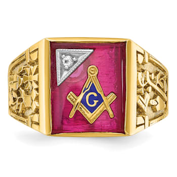 10K Yellow Gold Men's Lab Created Ruby and Diamond Lodge Masonic Ring