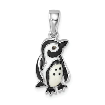 Rhodium Over Sterling Silver Polished Enamel Penguin Pendant
