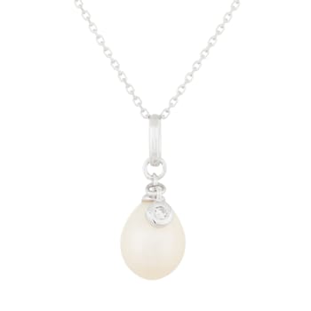 8-8.5mm White Cultured Freshwater Pearl Sterling Silver Pendant W/Chain