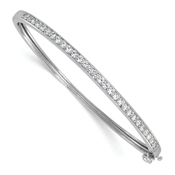 Rhodium Over Sterling Silver Polished Cubic Zirconia Hinged Bangle