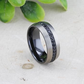 AVIATOR Domed Brushed Titanium Men's Wedding Band with Black Sapphire
Stones Inlay 8mm