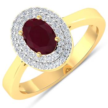 1.11ctw Red Ruby and Diamond 14K Yellow Gold Halo Ring